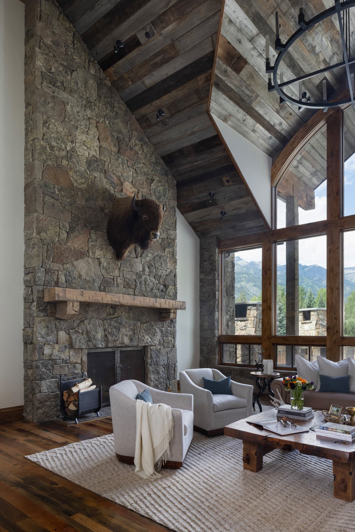 Beautiful Stonework and rustic details make the Light and Bright Interior Design Project by Nida Risto Interiors in Jackson Wyoming spectacular interior design. 